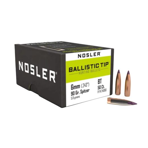 Nosler Ballistic Tip Hunting 6mm 243 90Gr Spitzer Purple Tip Projectiles
