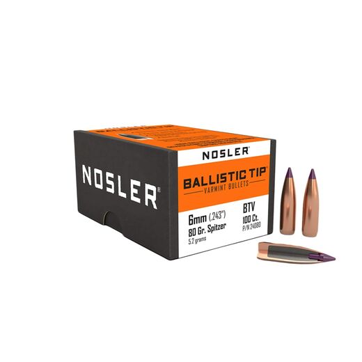 Nosler Ballistic Tip Varmint 6mm 243 80Gr Spitzer Purple Tip Projectiles